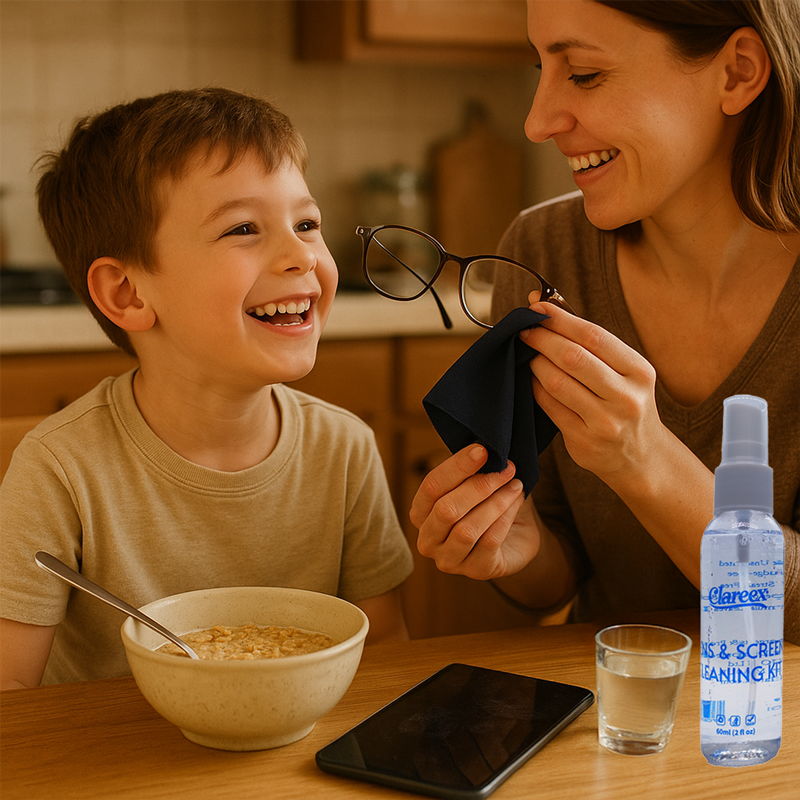 Mother gently cleaning her son's glasses with a cloth while he smiles at the breakfast table. Clareex spray and a smudged tablet rest nearby.