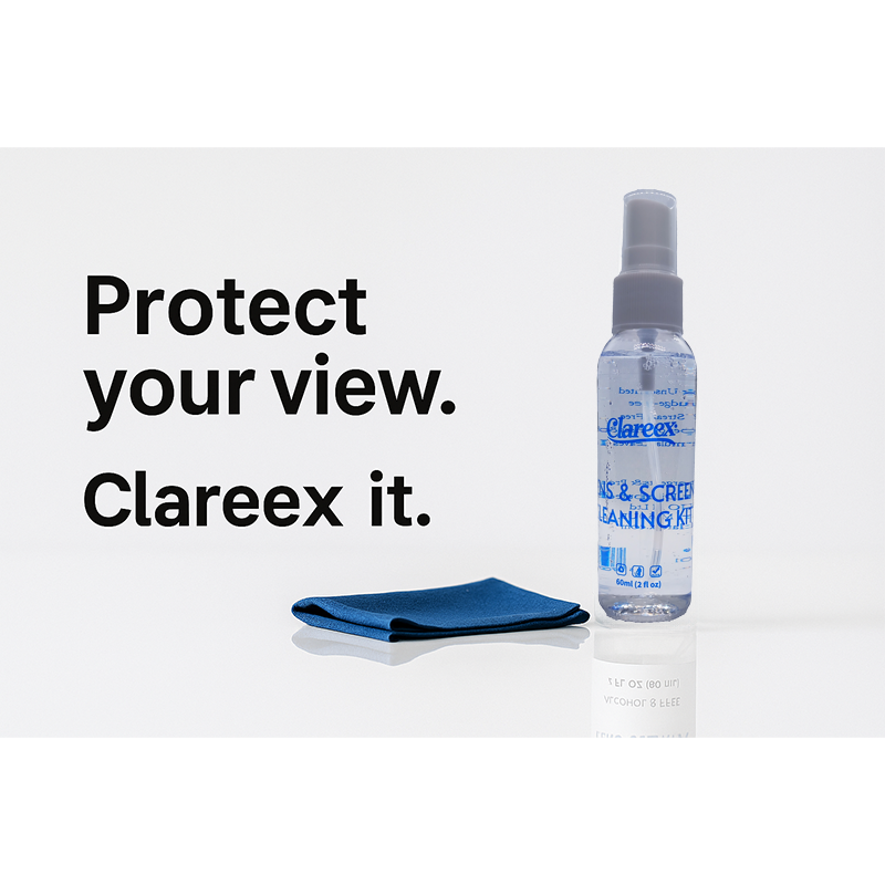 Clareex lens cleaner spray and folded blue microfiber cloth placed on a white surface with the text “Protect your view. Clareex it