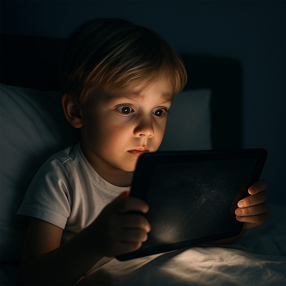 Boy cleaning screen with concerned expression)