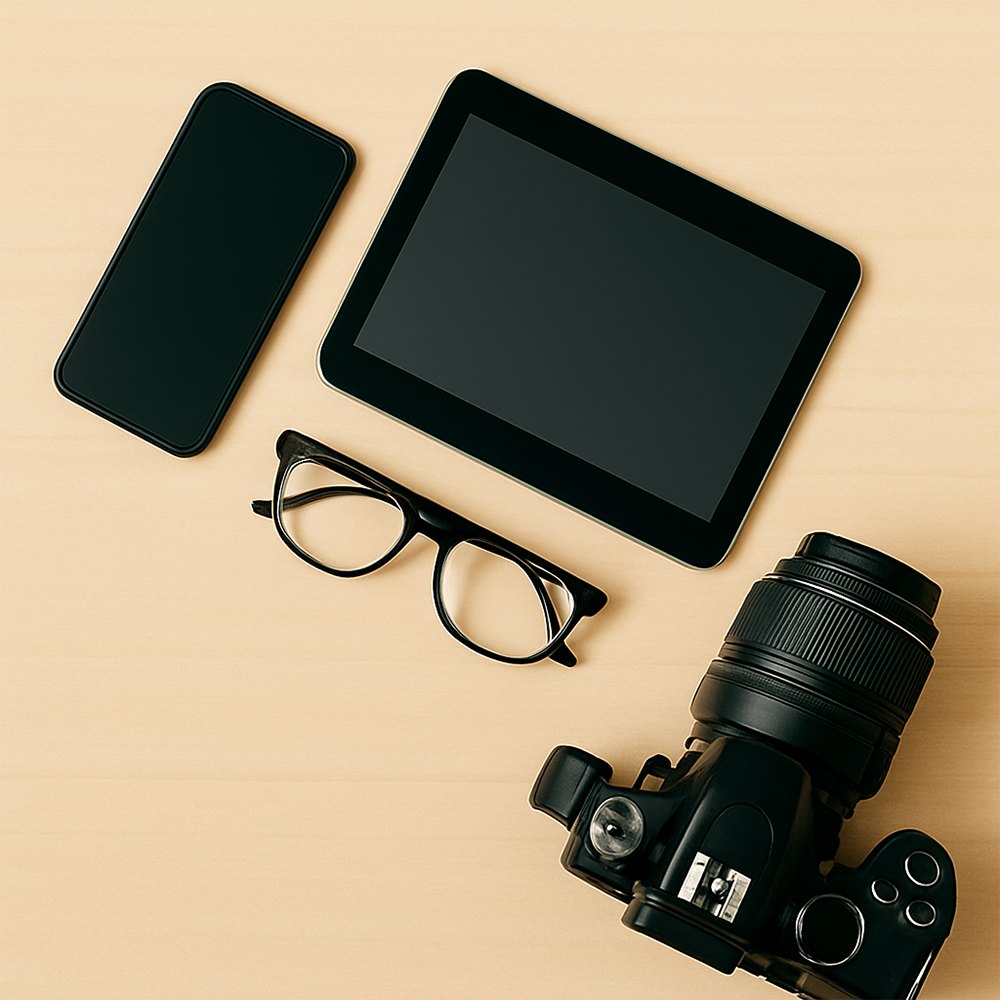 Smartphone, tablet, camera, and glasses on desk showing multiple Clareex use cases.
