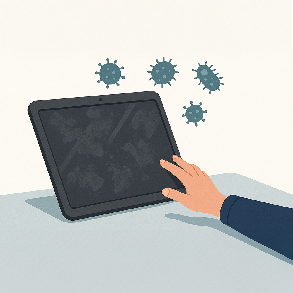 child touching a dirty tablet with visible smudges and bacteria icons floating from the screen