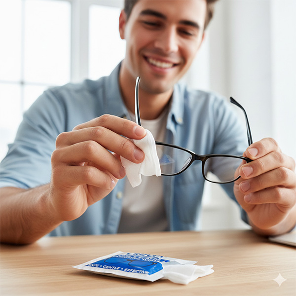 Man cleaning his glasses with clareex wipes