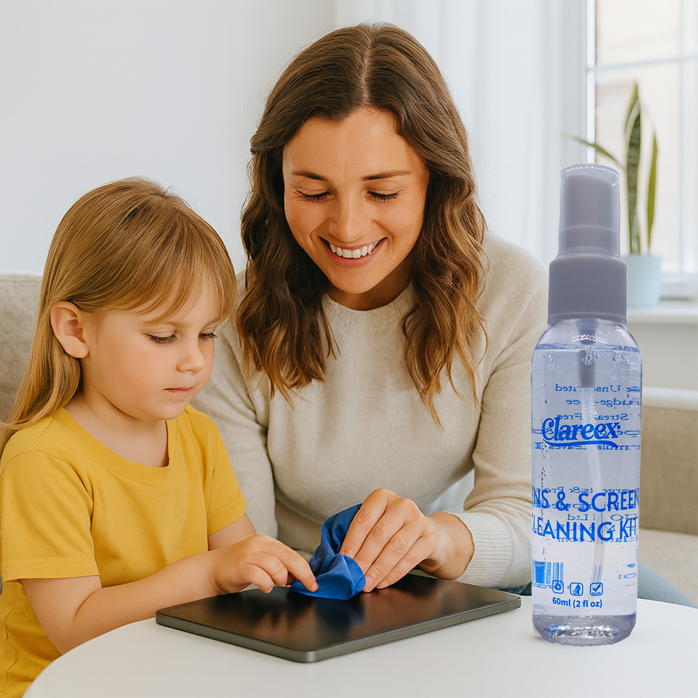 A smiling light-skinned mother and her young child using Clareex spray to clean a tablet screen together on a clean white surface. The Clareex bottle is clearly visible in the foreground, emphasizing safe, unscented screen cleaning for families.