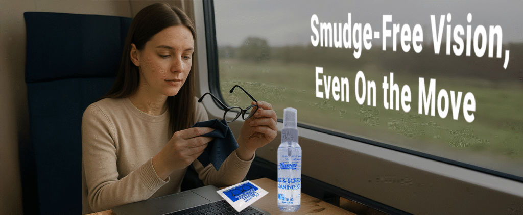 Woman cleaning her eyeglasses with a dark blue microfiber cloth while traveling on a train, with Clareex lens spray and wipes placed on the table and the text 'Smudge-Free Vision, Even On the Move' on the window