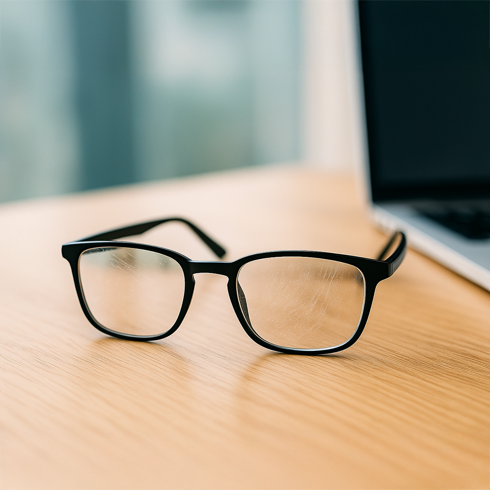 Smudged glasses on desk near laptop showing blurred lenses and fingerprints.