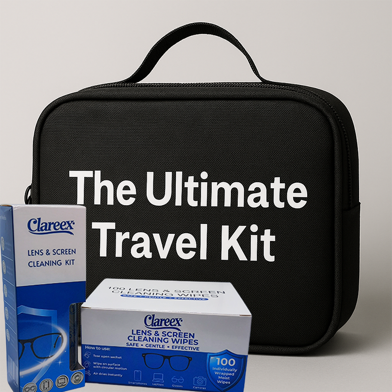 A black rectangular travel pouch with bold white text reading 'The Ultimate Smudge-Free Travel Kit' placed on a clean light background.