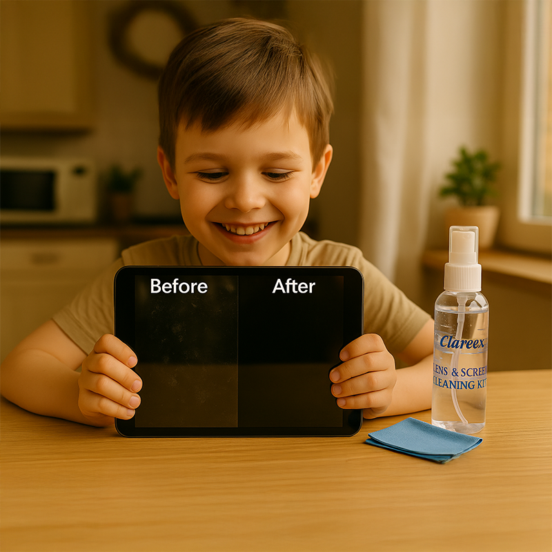 A smiling child looks at a now-clean iPad screen after using Clareex Spray and wipe, with the spray bottle visible on the table next to them.