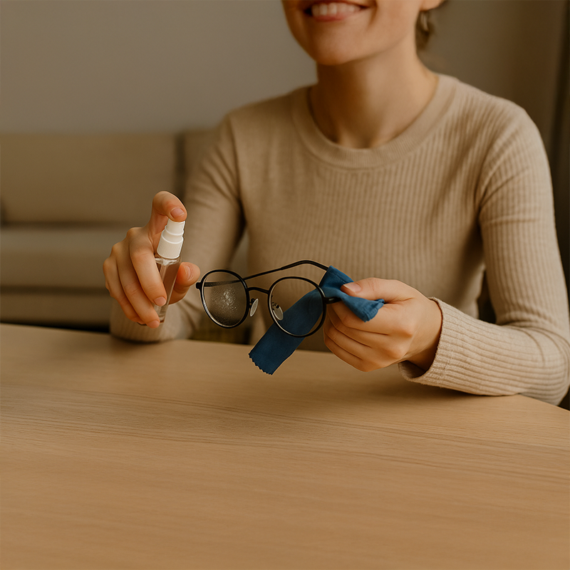 A close-up of a frustrated woman examining her glasses, with a cheap lens cleaner bottle and cloth on the table.