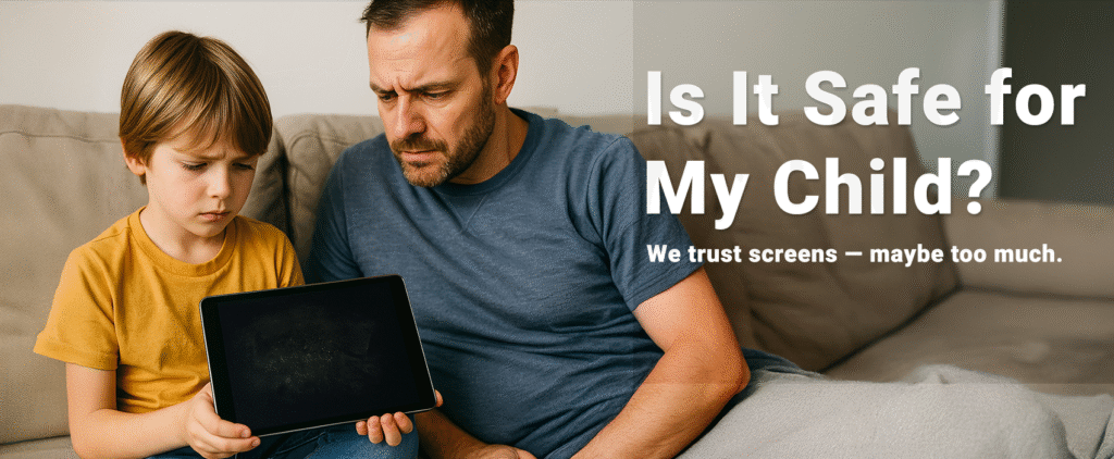Father and child looking at a dirty iPad screen — concerned about hygiene and screen safety