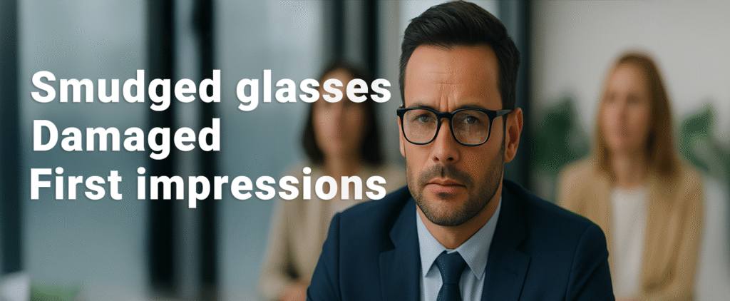 Man with dirty glasses looking serious in office setting