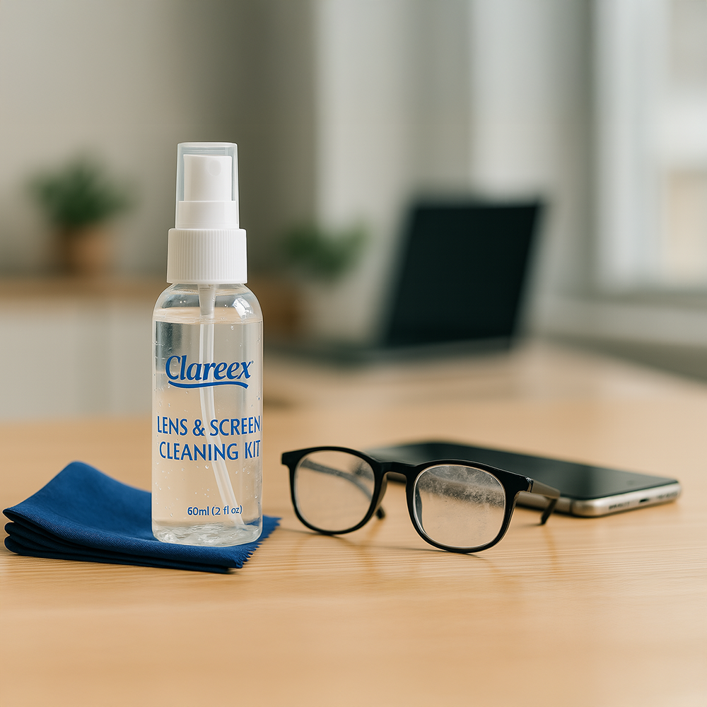 Clareex lens and screen cleaning spray with glasses and cloth on desk, highlighting product clarity and cleanliness benefits.
