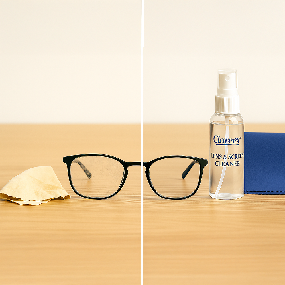 Comparison of smudged glasses using generic cleaner versus clean glasses using Clareex spray.