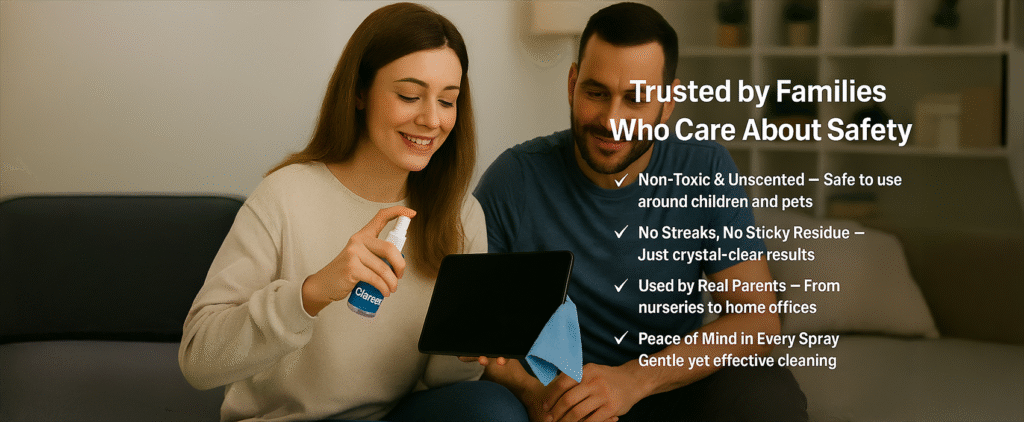 A Caucasian mother and father smile while cleaning a tablet device using Clareex lens and screen cleaner. The mother holds the spray bottle while the father looks on. Bullet points highlight product features such as non-toxic, unscented, streak-free, and family-safe benefits, with a Clareex bottle displayed on the right.