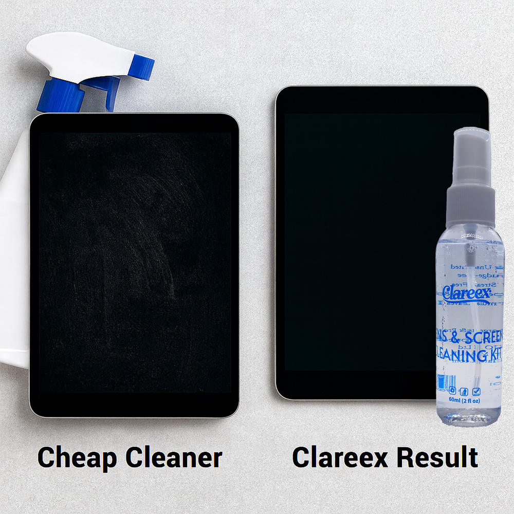 Side-by-side comparison of two tablet screens — one left smudged by a cheap cleaner, the other crystal clear after using Clareex lens and screen cleaner.