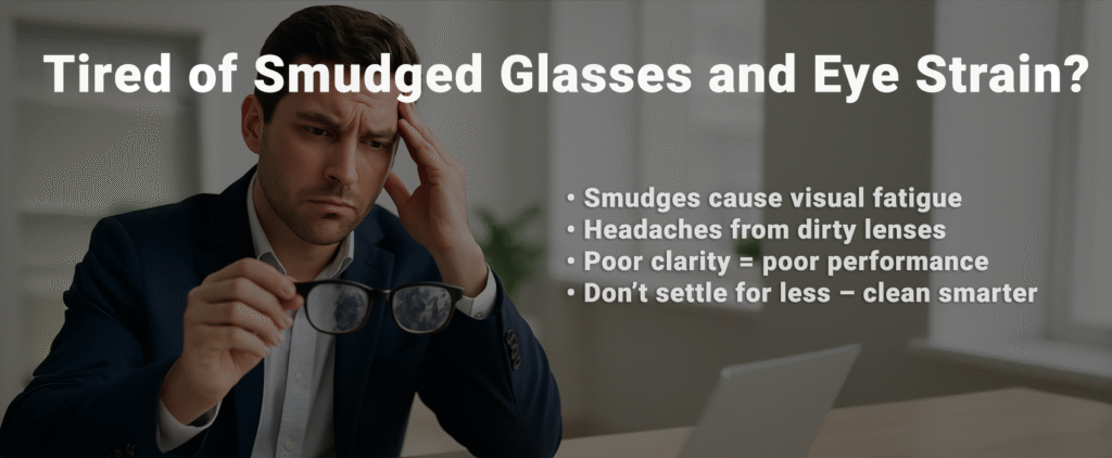 Man with glasses experiencing eye strain from smudged lenses, with text explaining the impact of dirty glasses on vision and performance.