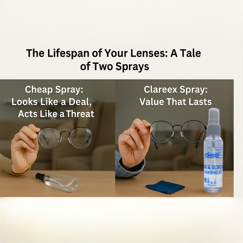 A side-by-side comparison of cheap and quality lens cleaners, showing damaged glasses on the left and well-maintained glasses with a Clareex bottle on the right, highlighting the long-term impact of product choice.