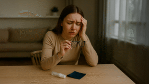 Frustrated woman holding smudged eyeglasses – highlighting the hidden costs of cheap lens cleaners