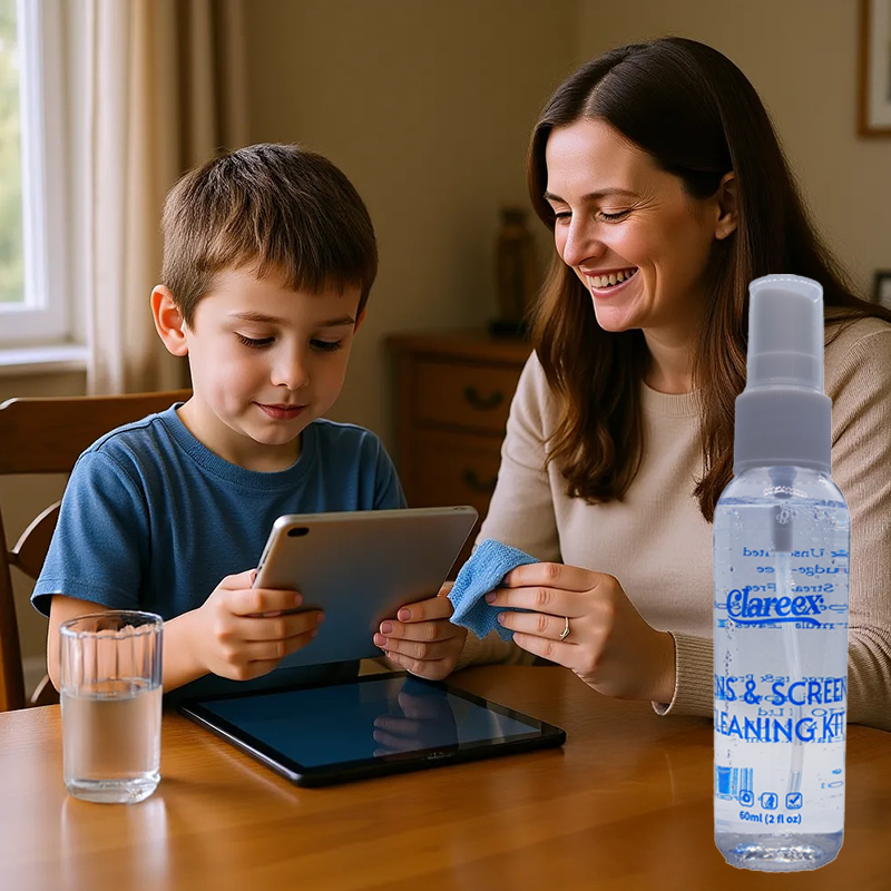 Mother helping young boy clean iPad screen using Clareex spray and blue wipe at home table