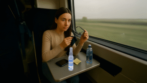 Young woman cleaning her glasses with Clareex spray and wipe while traveling by train — showcasing a reliable travel glasses cleaner in use on the go.