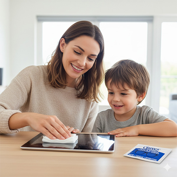 woman cleaning her sons tan with clareex wipes