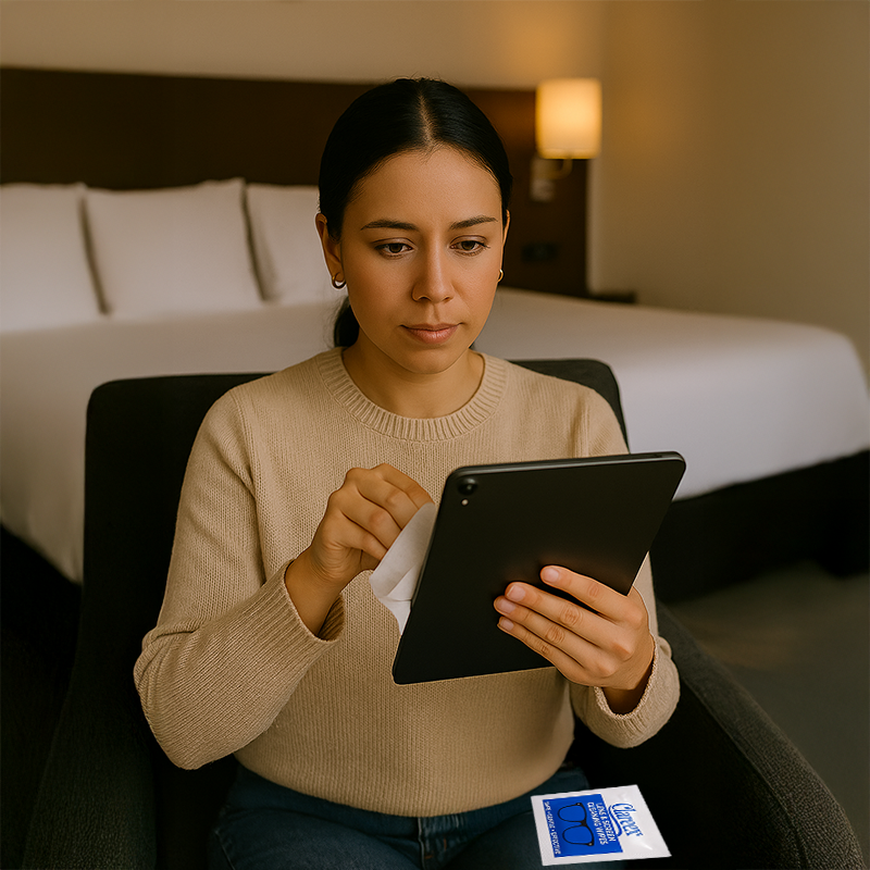 Young woman seated on a sofa, cleaning an iPad screen with a grey Clareex wipe, holding the device carefully with focused eyes and a gentle expression