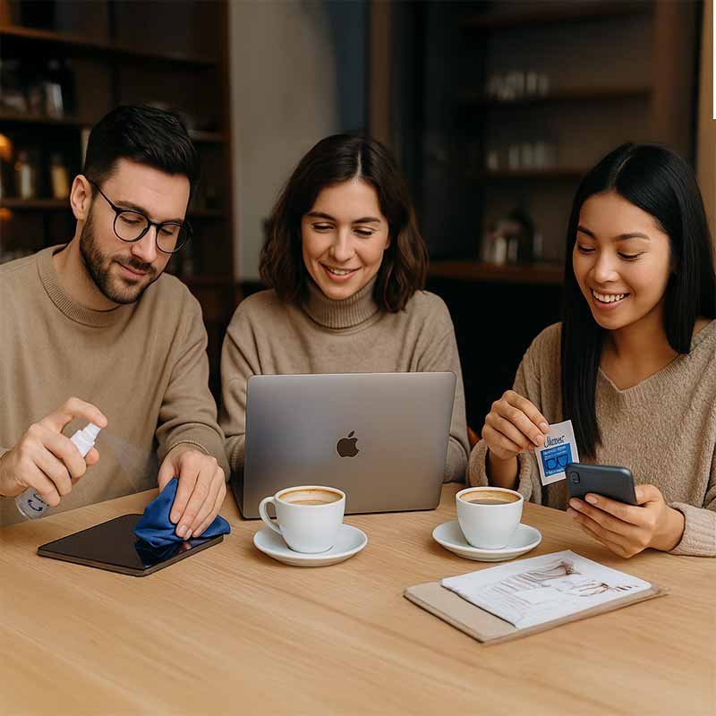 People using Clareex spray, wipe, and cloth in different real-life moments — cleaning a screen, wiping a phone, and polishing glasses — showing how the system works across daily routines