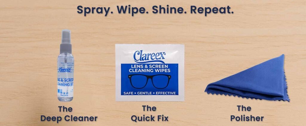 Clareex lens spray, screen wipe, and microfiber cloth arranged on a light wooden surface, representing a complete 3-step cleaning system.