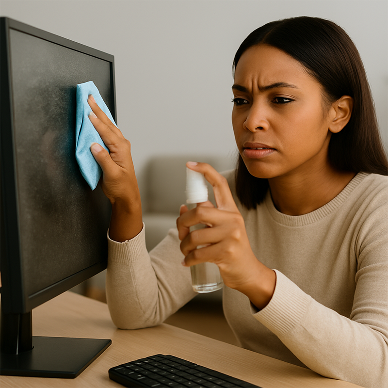 A young African-American woman staring at her laptop screen with a tired and unfocused expression, symbolizing digital eye strain and mental fatigue caused by a dusty screen.