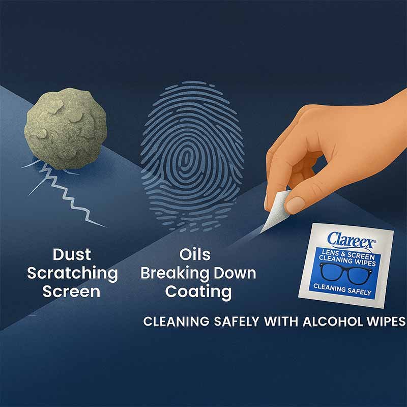 Illustration of dust and oils causing microscopic scratches on a screen, contrasted with safe cleaning using alcohol wipes for electronics