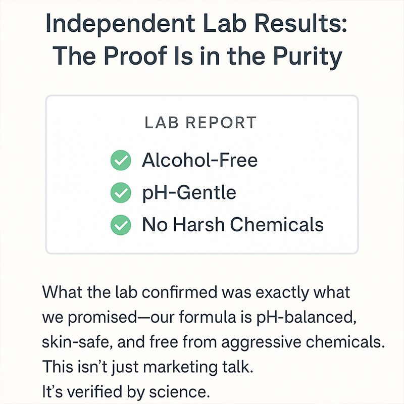 Lab report graphic highlighting Alcohol-Free, pH-Gentle, and No Harsh Chemicals with green checkmarks