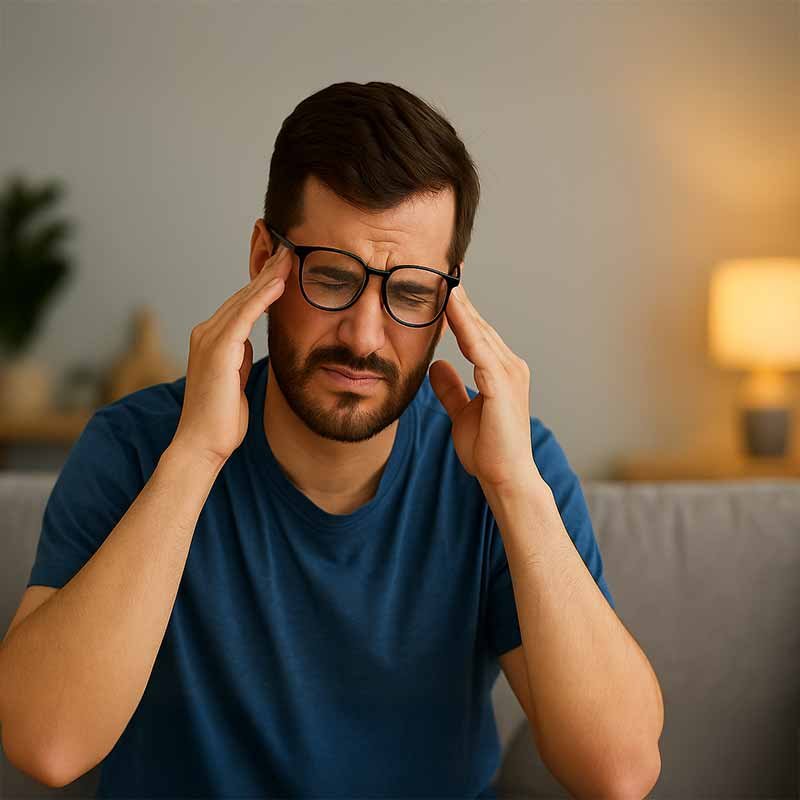 A Caucasian man sitting in a cozy living room, holding his glasses with a concerned expression, examining visible scratches on the lenses under warm lighting.