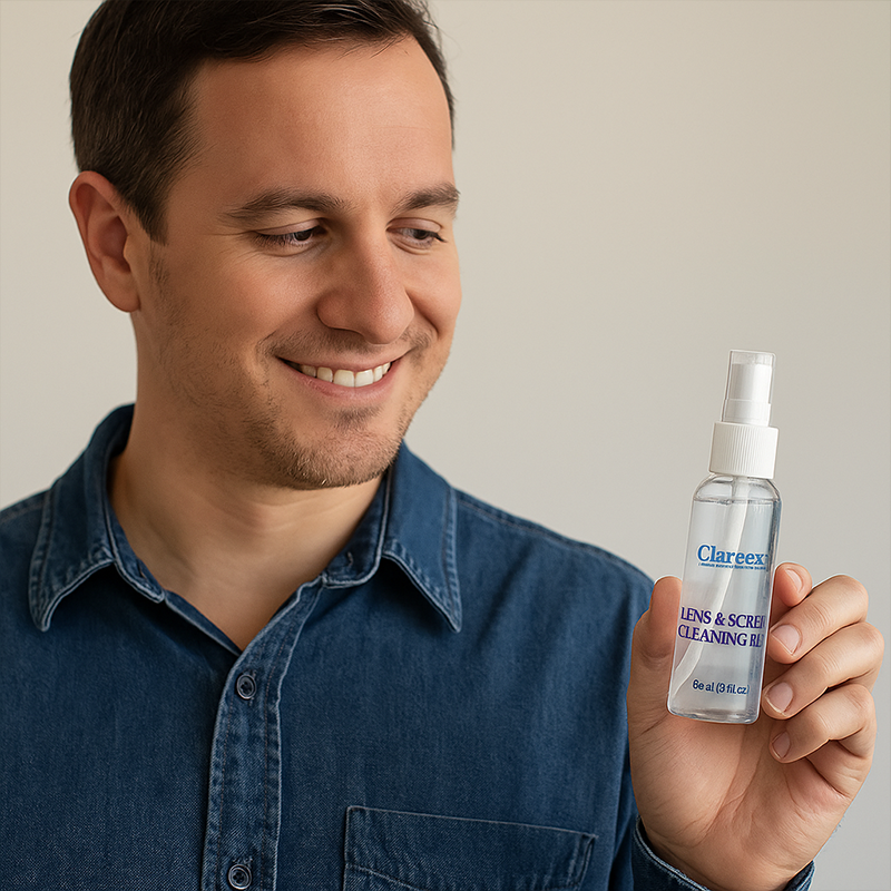 Caucasian man smiling while holding a Clareex 60ml lens and screen cleaning spray with clear liquid and blue label, standing indoors in natural light.