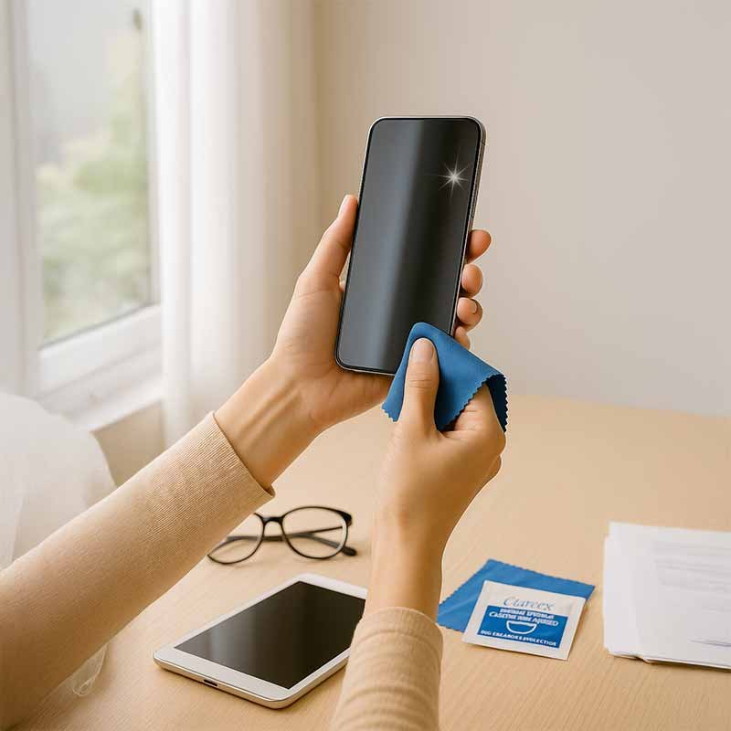 A parent holds up a freshly cleaned iPhone screen near a sunlit window, revealing a streak-free shine. A blue Clareex microfiber cloth and an empty Clareex wipe packet rest neatly on the table below