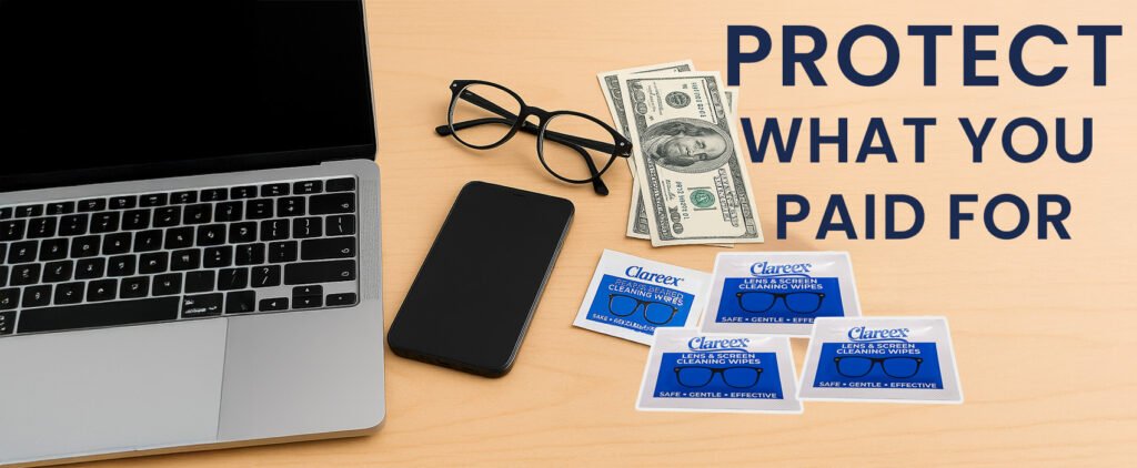 Clareex wipes displayed beside cash, glasses, smartphone, and laptop on a wooden table — emphasizing tech care and resale value.