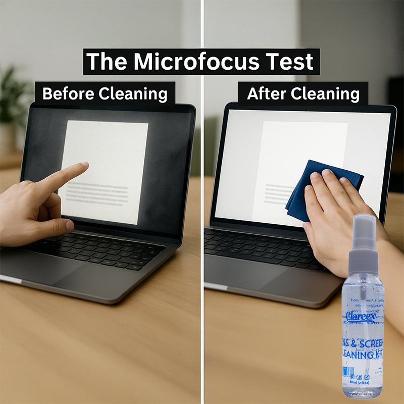 A dusty laptop screen in soft focus, with a person visibly strained and rubbing their eyes in front of it, showing symptoms of digital eye strain.