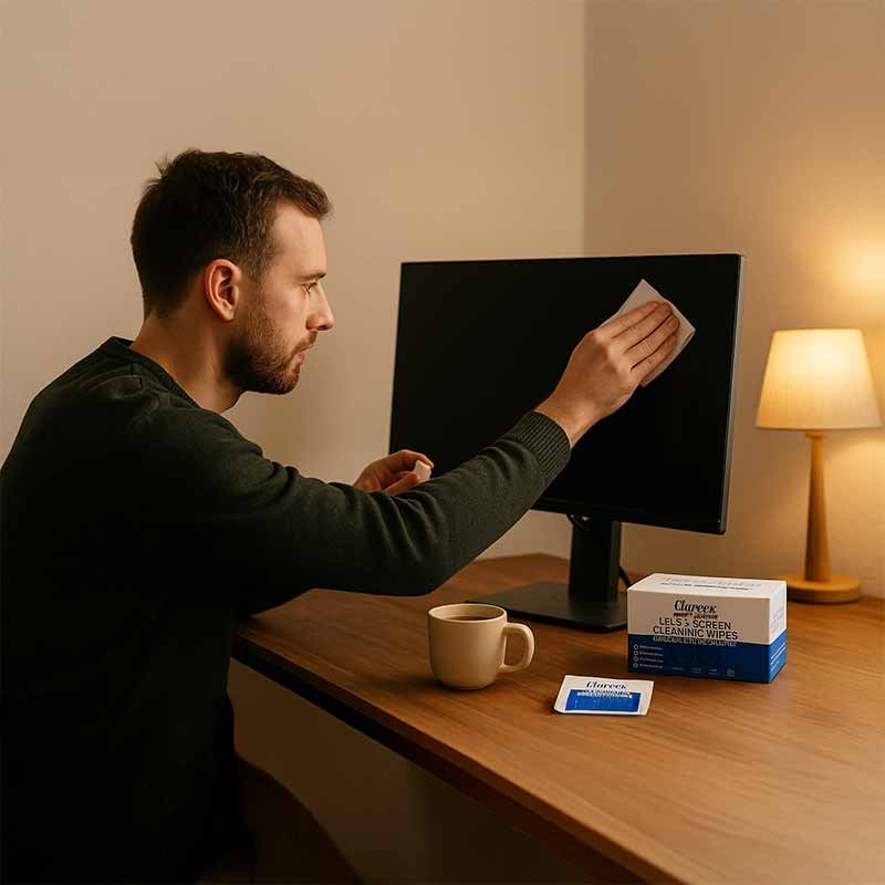 Man using a Clareex lens and screen cleaning wipe to clean his monitor in a cozy home office, with a Clareex wipes box and cup of tea on the wooden desk.