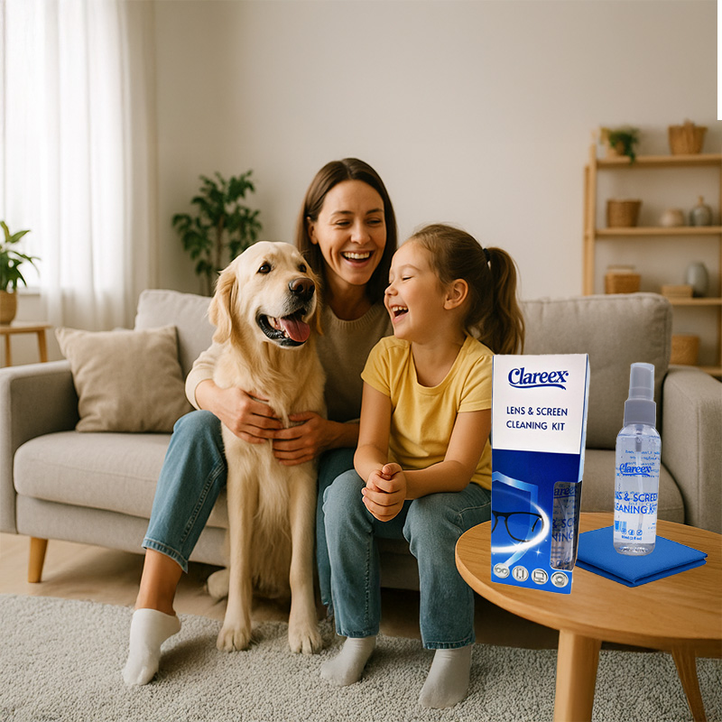 Smiling mother, daughter, and golden retriever in a bright living room with a Clareex spray bottle on a side table