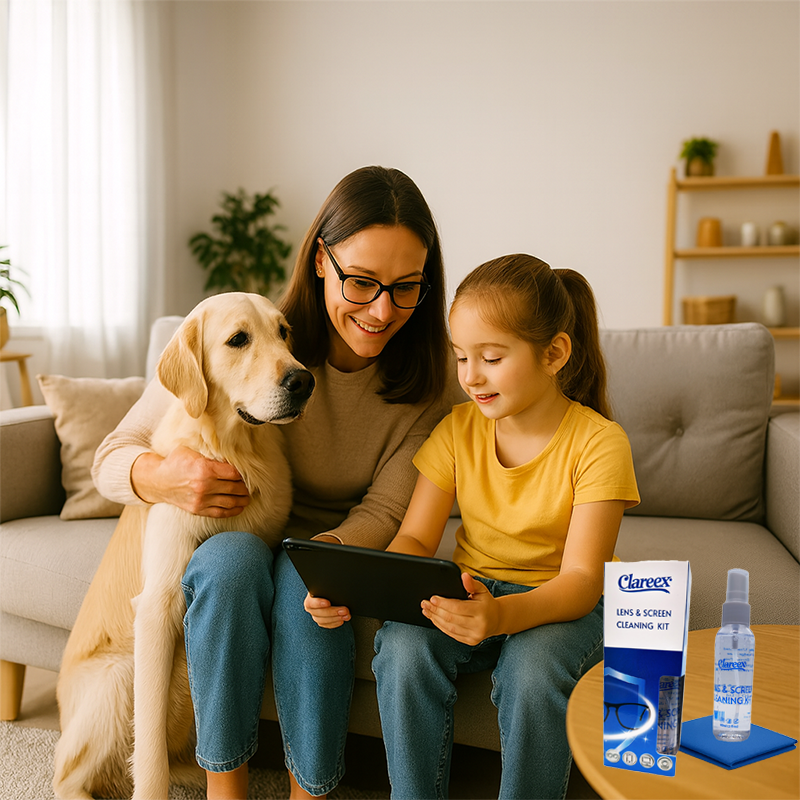 Mother wearing glasses sits on a sofa with her daughter who is playing on an iPad, while a golden retriever sits beside them. A small round table in front of them with clareex spray and wipes. ready Cozy living room background with soft lighting.