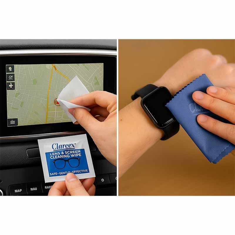 Collage showing Clareex wipes being used to clean a car's touchscreen display and a smartwatch screen, highlighting versatile usage beyond standard screens