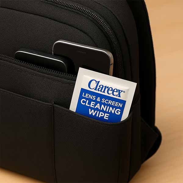 Clareex screen cleaning wipe packet placed neatly in a black fabric tech pocket of a minimalist travel backpack, symbolizing portability and convenience.