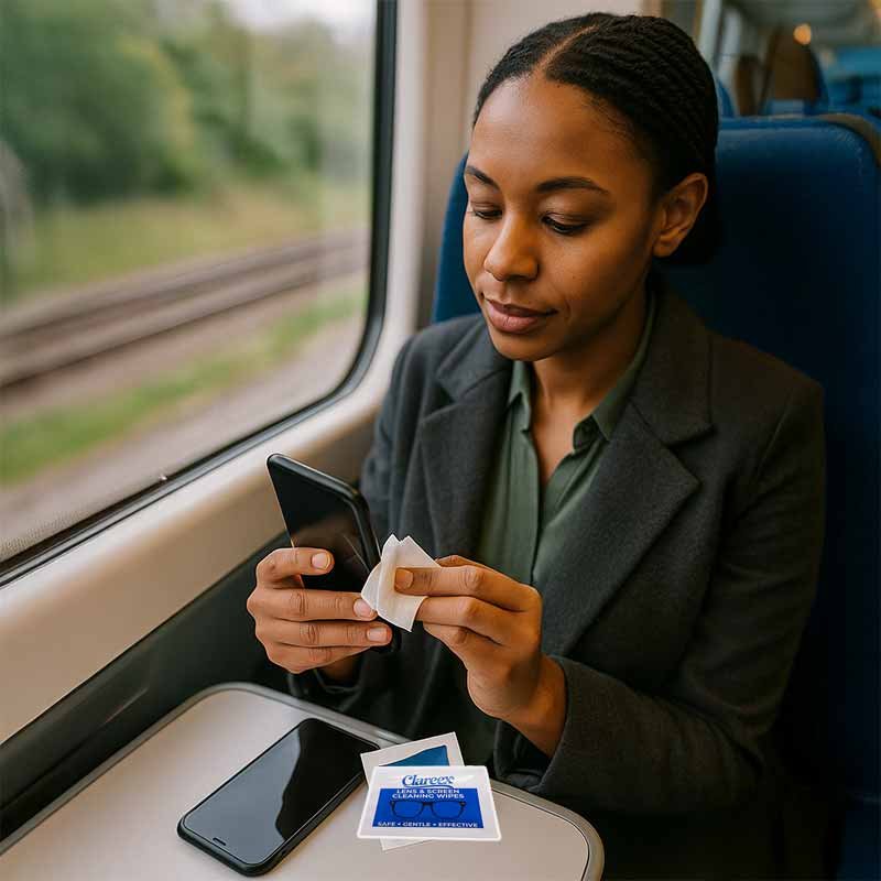 UK Black woman traveling on a train, cleaning her smartphone screen with a Clareex lens and screen cleaning wipe, with natural daylight streaming through the window.