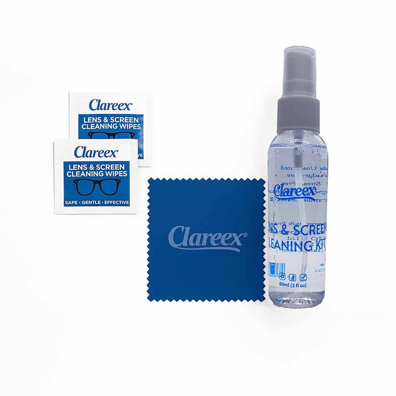 Clareex screen cleaning system showing spray, wipes, and microfiber cloth laid out neatly for full-kit clarity care.

