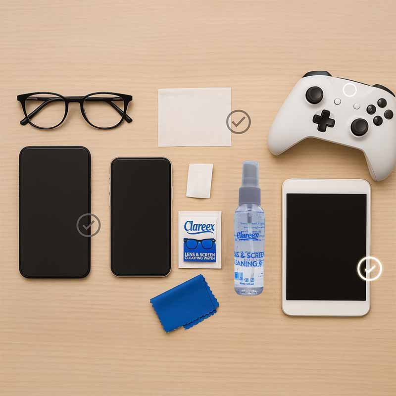 Flat lay of Clareex kit with various household devices like glasses, phone, tablet, and controller, highlighting safe cleaning