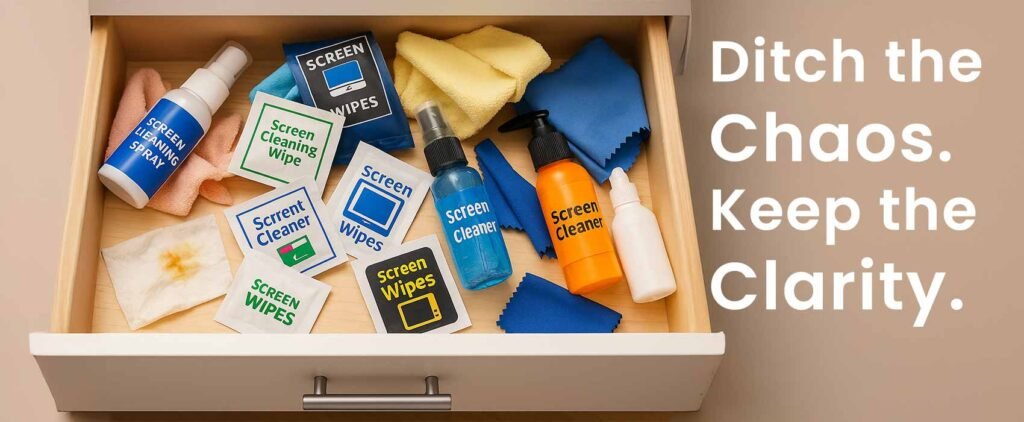 A messy drawer filled with assorted screen cleaning sprays, wipes, and cloths, symbolizing clutter and confusion before switching to a simpler solution.