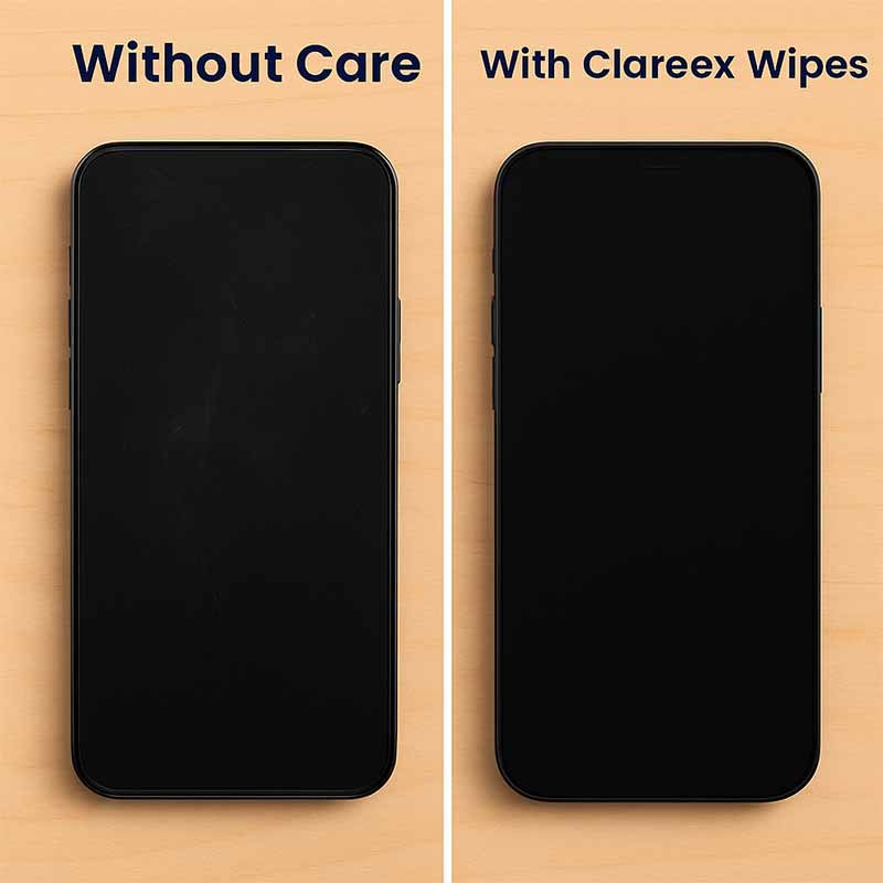 Side-by-side photo comparison of two smartphones: one in pristine condition with a clean screen, and the other visibly scratched and smudged, illustrating the difference in care and maintenance.