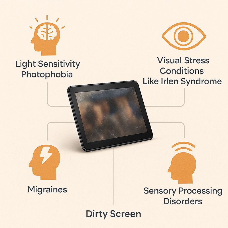 Visual infographic illustrating the impact of dirty screens on neurodiverse individuals, showing a chaotic, smudged screen on one side and a clean, glare-free screen on the other, symbolizing clarity and accessibility.