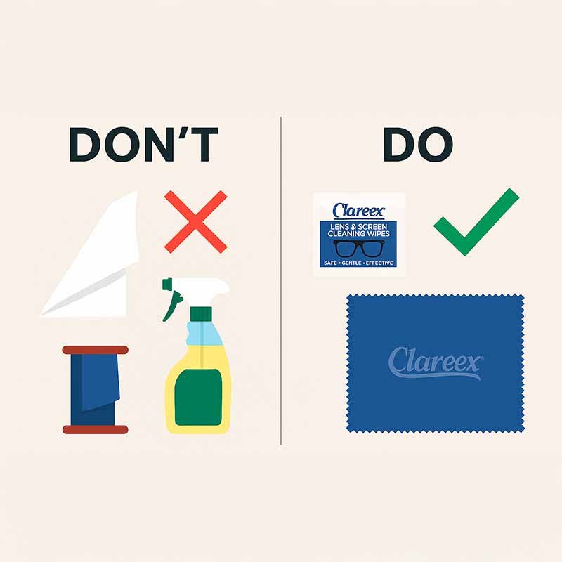 An instructional infographic divided into "DON'T" and "DO" sections. The "DON'T" side shows a paper towel and a generic spray bottle with red X marks, while the "DO" side displays Clareex Lens & Screen Cleaning Wipes and a blue microfiber cloth with a green checkmark.