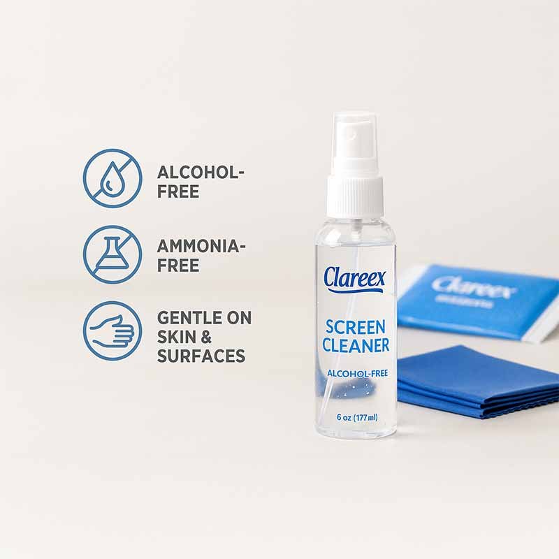 Clareex spray bottle with icons showing alcohol-free, ammonia-free, and gentle formula.