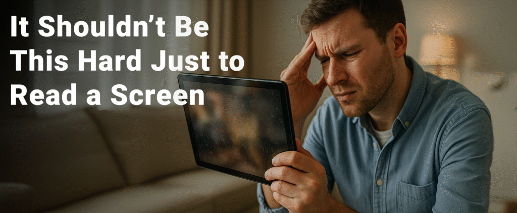 Frustrated man squinting at a smudged tablet screen, holding his forehead in discomfort from screen glare