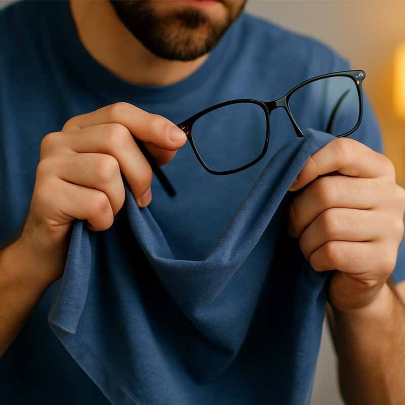 Close-up of a man cleaning his glasses with a cotton t-shirt, illustrating common glasses cleaning mistakes that can lead to scratched lenses.